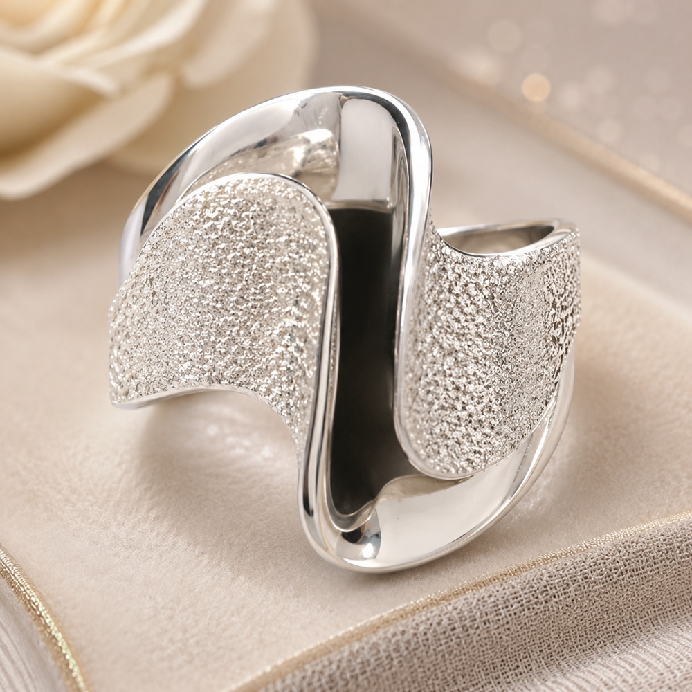 925 THAI Sterling Silver Sculptural Wave Ring Textured Wide Band Size 6.75